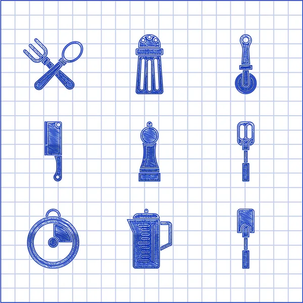 Set Pimienta, Tetera, Espátula, Temporizador de cocina, Picador de carne, Cuchillo para pizza e icono de tenedor cruzado y cuchara. Vector — Archivo Imágenes Vectoriales