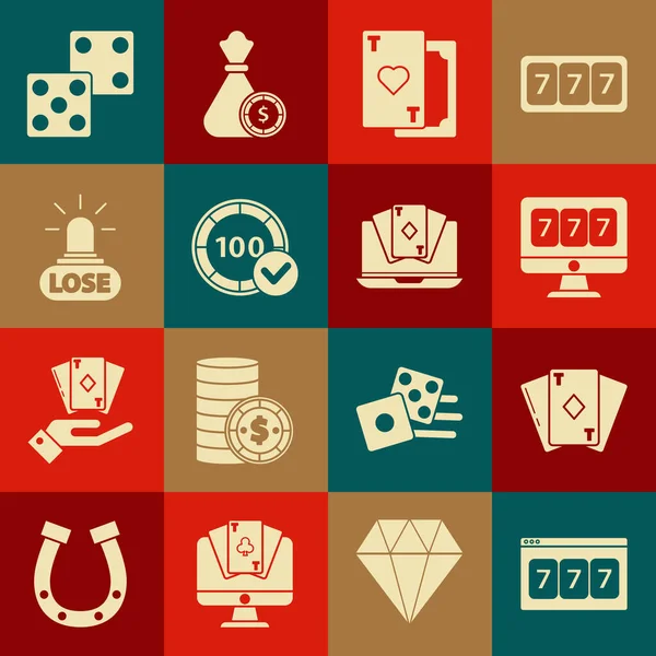 Establecer en línea de la máquina tragaperras con suerte sevens jackpot, Jugando a los diamantes de cartas, corazón, Casino fichas, perder, Juego de dados y póquer icono del juego de mesa. Vector — Vector de stock