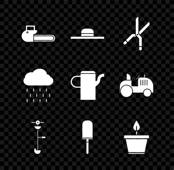 Set motosierra, sombrero de trabajador, jardinería tijeras hechas a mano, hierba hierba cortador de cuerda eléctrica, pala pala, maceta de plantas, nube con lluvia y riego icono de la lata. Vector — Vector de stock