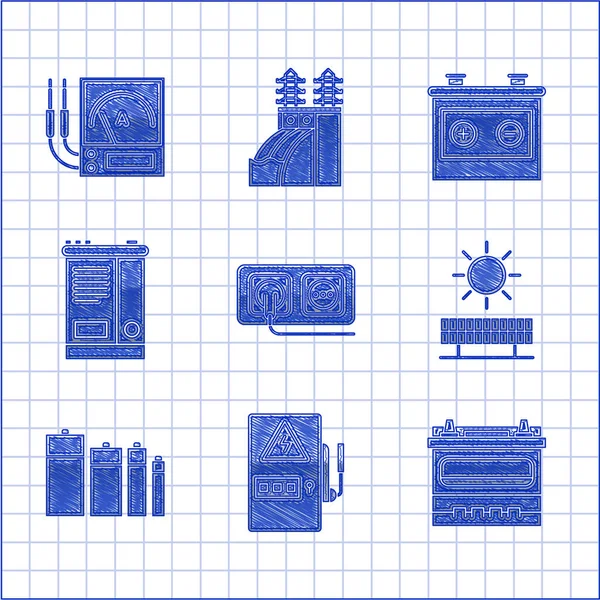 Set Electrical outlet, panel, Car battery, Solar energy and sun, Battery, and Ampere meter, multimeter, voltmeter icon. Vector — Stock Vector