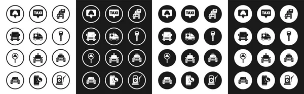 Állítsa autókölcsönző, Mentő és sürgősségi autó, Térkép mutató taxi, kulcs, taxi és nagyító üveg ikon. Vektor — Stock Vector