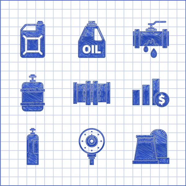 Set Industrie-Metallrohre und Ventil, Tortendiagramm Infografik Dollar, Industrie-Zylindertank, Propan, kaputt mit undichtem Wasser und Kanister für Benzin-Symbol. Vektor — Stockvektor