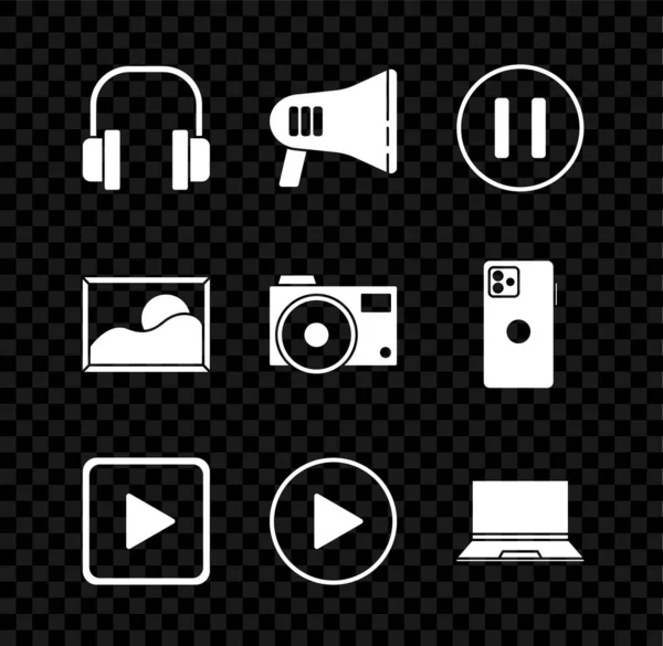 Beállítás fejhallgató, Megafon, Szünet gomb, Játssz négyzet, kör, Laptop, Kép táj és Photo kamera ikon. Vektor — Stock Vector