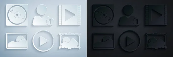 Set Play in circle, Video, Obrázek na šířku, Přidat do přátel a Vinyl disk icon. Vektor — Stockový vektor