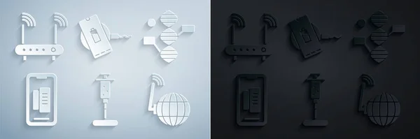 Set Spritze, DNA-Symbol, Smartphone, Handy, soziales Netzwerk, Wireless-Ladegerät und Router und Wi-Fi-Signal-Symbol. Vektor — Stockvektor