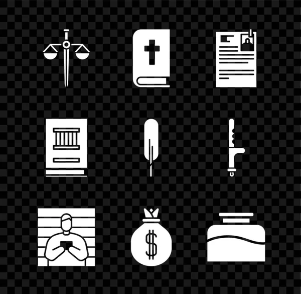 Set Escalas de justicia, Libro de la Sagrada Biblia, Papel de demanda, Sospechoso criminal, Bolsa de dinero, Inkwell, y pluma icono pluma. Vector — Archivo Imágenes Vectoriales