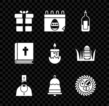 Hediye kutusu, Paskalya yumurtalı takvim, bir şişe şarap, rahip, zil, hasır yuva, kutsal İncil kitabı ve yanan mum ikonu. Vektör