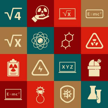 Test tüpü ve matara, astronomik gözlemevi, radyasyonlu üçgen, x sembolünün kare kökü, 4 ve kimyasal formül ikonu. Vektör