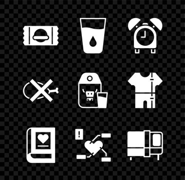 Spor beslenme seti, su bardağı, alarm saati, tıp kitabı, sağlık kalbine dikkat, yatak, süt ikonu için et ve kağıt paketi yok. Vektör