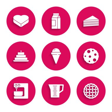 Dondurmayı waffle külahına, ölçü kabına, ev yapımı turtaya, kurabiyeye, elektrikli miksere, yanan mumlu pastaya ve kalp şeklinde şeker kutusuna koyun. Vektör