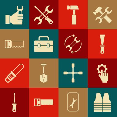 Güvenlik yeleği, elinde ayarlar, macun bıçağı, çekiç kutusu, el testeresi, anahtarlık ve okları iş akışı simgesi olarak ayarla. Vektör