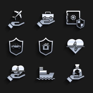 House 'u kalkan, gemi, para, hayat sigortası, araba, kasa ve uçak ikonu ile ayarla. Vektör