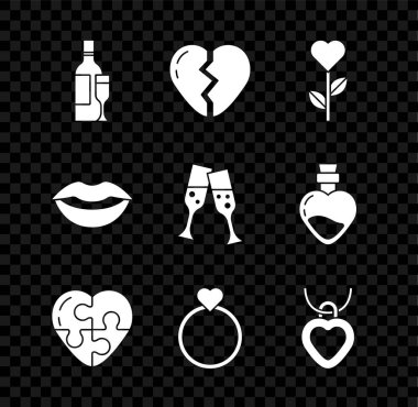 Şampanya şişesi, kırık kalp, çiçek şeklinde kalp, alyans şekilli kolye, gülen dudaklar ve şampanya ikonu. Vektör