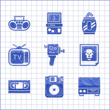 Retro sinema kamerası, disket, eski video kaset çalar, Photo, VHS teybi, televizyon, soda kutusu, saman ve ev stereo iki hoparlör ikonu. Vektör