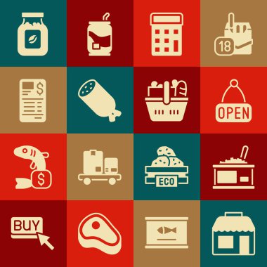 Market, havyarlı teneke kutu, asılı tabela, hesap makinesi, salam sosisi, kağıt para çeki, kahve kavanozu şişesi ve yiyecek ikonu. Vektör