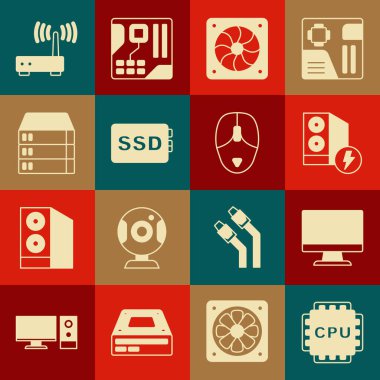 İşlemciyi işlemci, bilgisayar monitörü, bilgisayar, soğutucu, SSD kartı, Sunucu, Data, Web Sunucu, Router ve wi-fi sinyal ve fare simgesi ile ayarla. Vektör