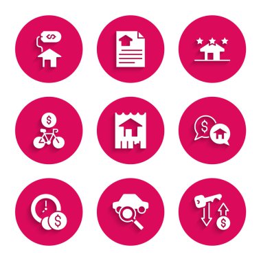 Set Evi, Araba Paylaşımı, Kira Anahtarı, Fiyat Pazarlığı, zaman para, bisiklet kiralama mobil uygulaması, emlak ve dolar ikonu. Vektör
