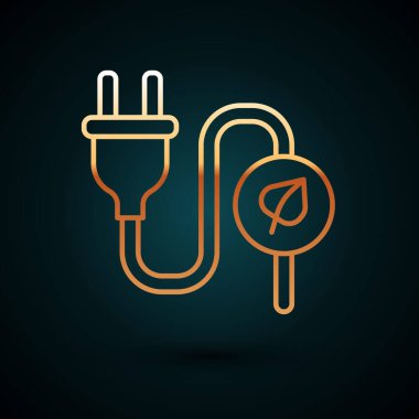 Yaprak simgesindeki elektrik prizi koyu mavi arkaplanda izole edilmiş. Elektrik tasarrufu. Çevresel koruma. Biyolojik enerji. Vektör