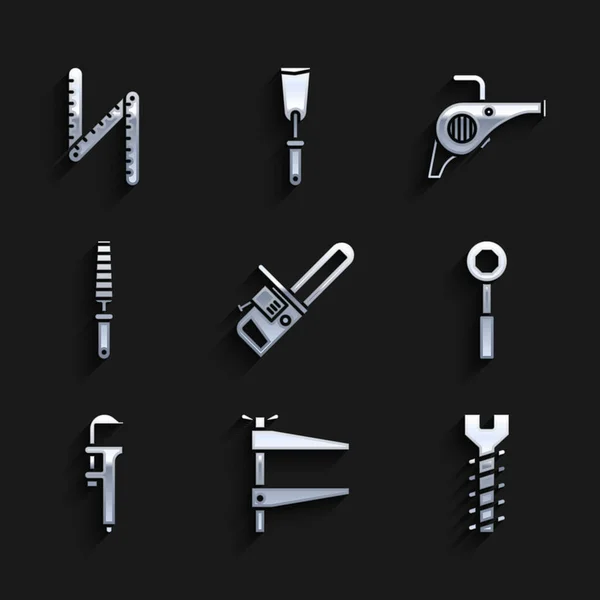 Set Chainsaw, Clamp tool, Metallic screw, Wrench spanner, Calliper or caliper and scale, Chisel for wood, Leaf garden blower and Folding ruler icon. Vector — 스톡 벡터