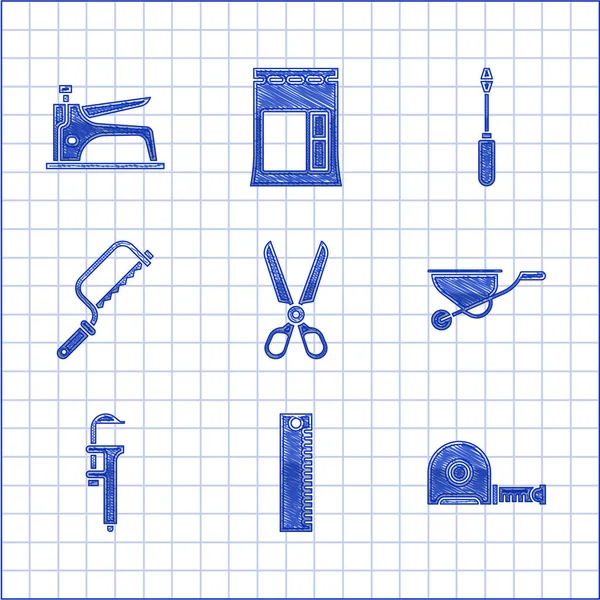 Juego de tijeras, regla, construcción de la ruleta, carretilla de ruedas, pinza y báscula de Calliper, sierra de hacha, destornillador e icono de la grapadora de construcción. Vector — Vector de stock