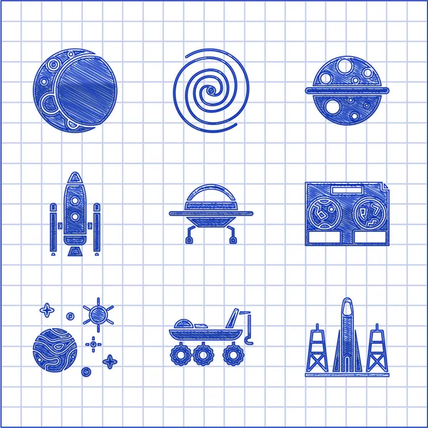 Set UFO flying spaceship, Mars rover, Rocket launch from the spaceport, Celestial map of night sky, Space and planet, shuttle rockets, Planet Saturn and Moon icon. Vector — Stock Vector