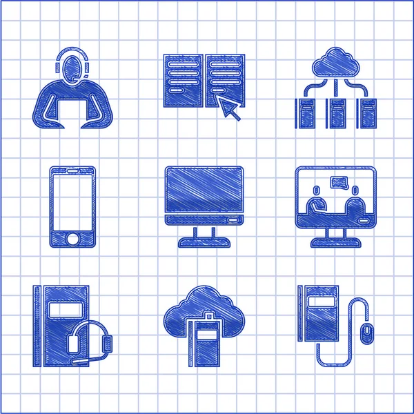 Définir l'écran de moniteur d'ordinateur, bibliothèque en ligne Cloud, livre électronique avec la souris, éducation en ligne, Audio, Téléphone mobile, et icône Étudiant. Vecteur — Image vectorielle