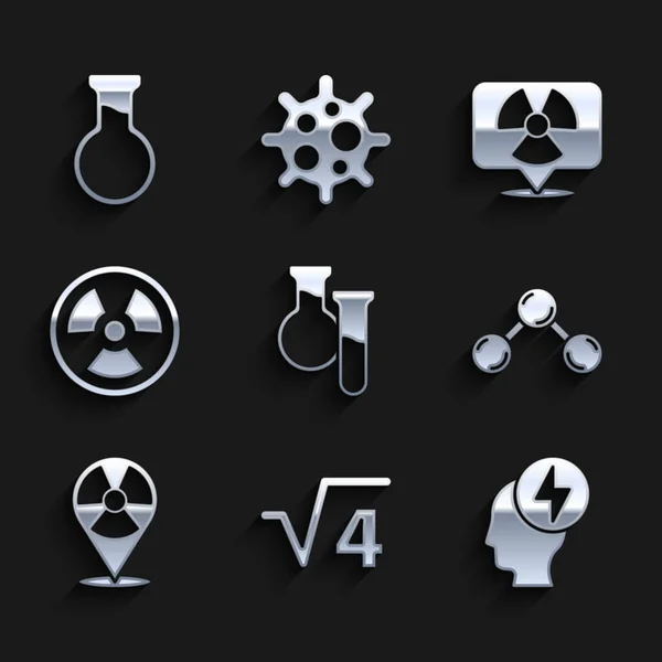 Set Tubo de ensayo y matraz, raíz cuadrada de 4 glifo, Cabeza símbolo eléctrico, molécula, radiactivo en la ubicación, y el icono. Vector — Archivo Imágenes Vectoriales