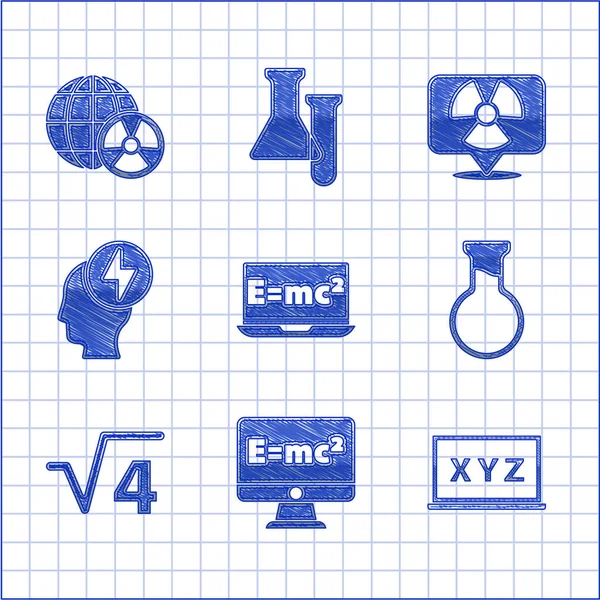 Set Ekvationslösning, XYZ koordinatsystem, Provrör och kolv, Kvadratroten ur 4 glyf, Head elektrisk symbol, Radioaktiv plats och planeten jorden strålning ikon. Vektor — Stock vektor