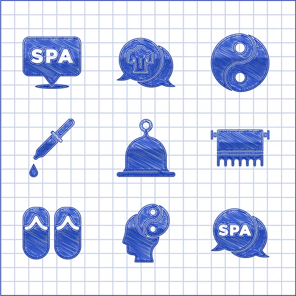 Set Sauna καπέλο, Yin Yang, Spa σαλόνι, Πετσέτα κρεμάστρα, σαγιονάρες, σιφώνι, και εικονίδιο. Διάνυσμα — Διανυσματικό Αρχείο