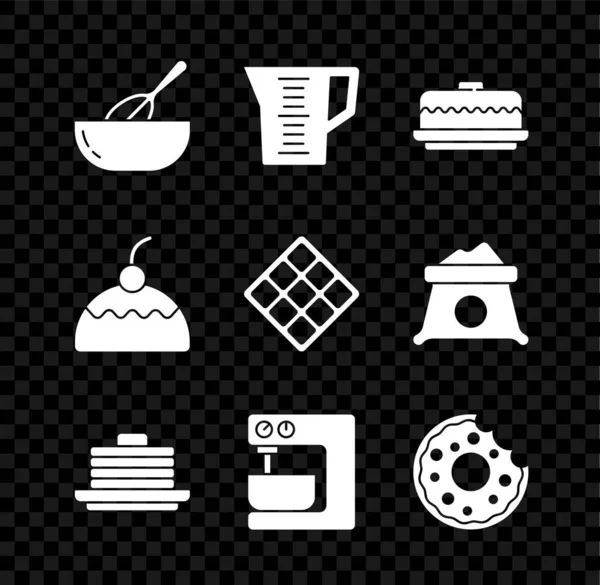 Mutfak çırpıcısını, kaseyi, ölçü kabını, keki, krep yığınını, elektrikli mikseri, çöreği ve waffle ikonunu hazırla. Vektör — Stok Vektör