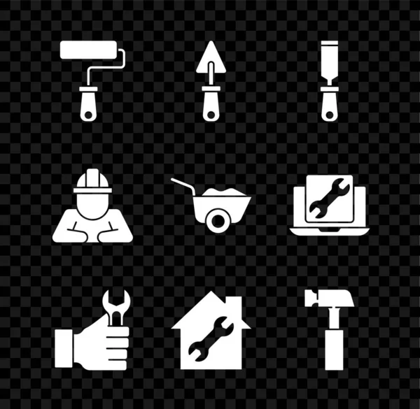 Set Pinsel, Kelle, Rasp Metallfeile, Schraubenschlüssel, Haus reparieren, Hammer, Bauarbeiter und Schubkarren-Symbol. Vektor — Stockvektor