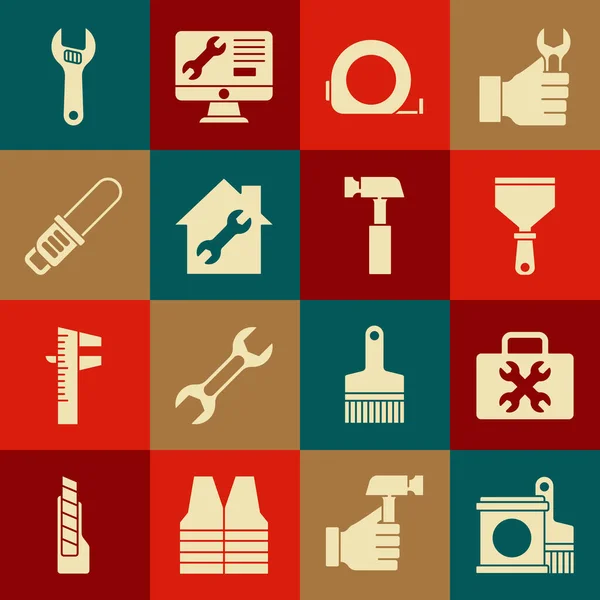 Set Farbeimer und Pinsel, Werkzeugkiste, Putty Messer, Roulette-Konstruktion, Haus reparieren, Kettensäge, Einstellschlüssel und Hammer-Symbol. Vektor — Stockvektor