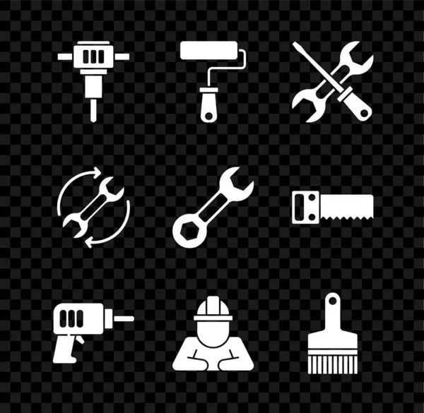 Set Construction jackhammer, Paint roller brush, Screwdriver and wrench, Electric drill machine, Builder, Wrench arrows as workflow and spanner icon. Vector — Stock Vector