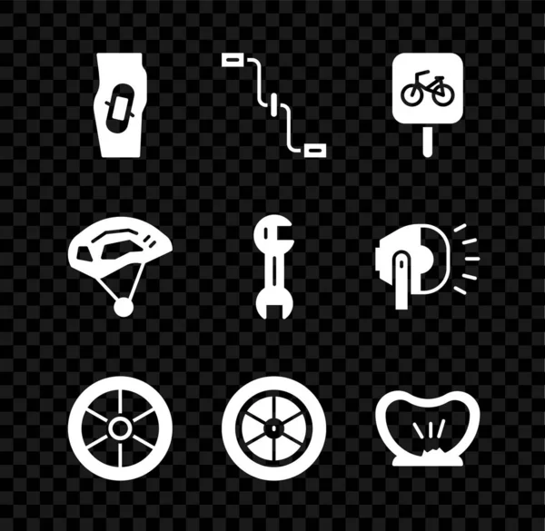 Set de yeso en la pierna, pedales de bicicleta, estacionamiento, rueda, neumático perforado, casco y llave inglesa icono. Vector — Vector de stock