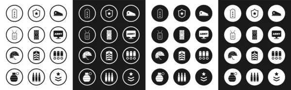 Set Militär-Baskenmütze, Dynamit und Timer, Hundeanhänger, Dienstgrad, Armee, Belohnungsmedaille, Kugel und Helm-Symbol. Vektor — Stockvektor