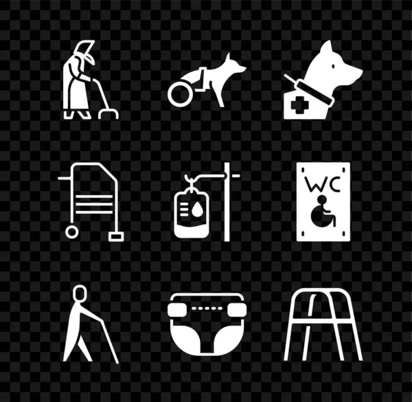 Set Grandmother, Dog in wheelchair, Guide dog, Blind human holding stick, Adult diaper, Walker, and IV bag icon. Vector — 스톡 벡터