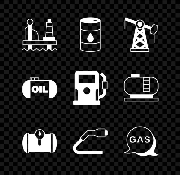 Definir plataforma de óleo no mar, óleo de barril, bomba de macaco, veículo tanque de gás, Cabo elétrico de carregamento plugue, Localização e posto de gasolina, armazenamento e ícone de gasolina. Vetor — Vetor de Stock