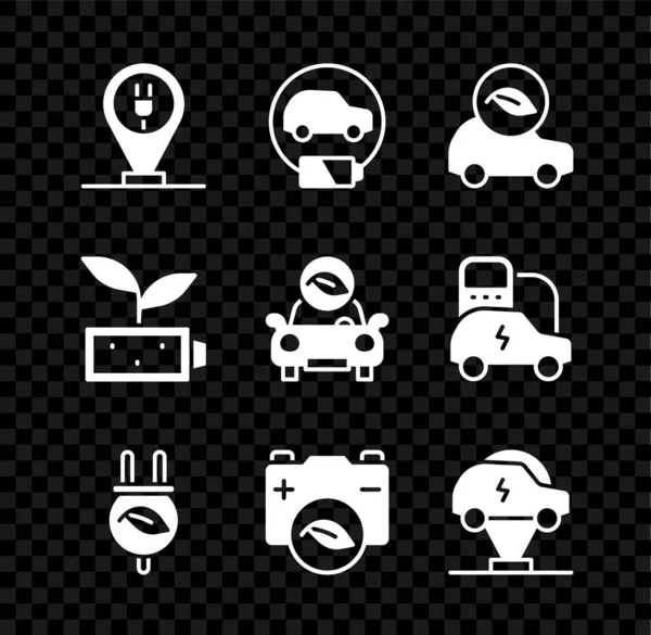 Set di ricarica parcheggio auto elettrica, elettrico, Eco, risparmio foglia spina, batteria natura, e l'icona. Vettore — Vettoriale Stock