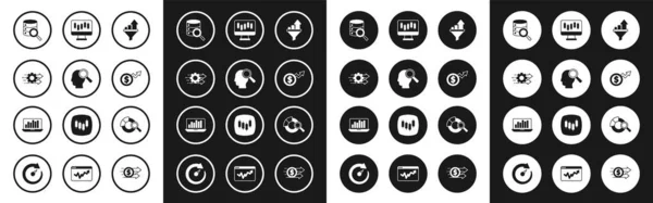 Verkaufstrichter mit Diagramm, Suchpersonen, Zeitmanagement, Server, Finanzwachstumsdollar, Aktienmarktdiagrammen, Datenanalyse und Laptop-Symbol festlegen. Vektor — Stockvektor