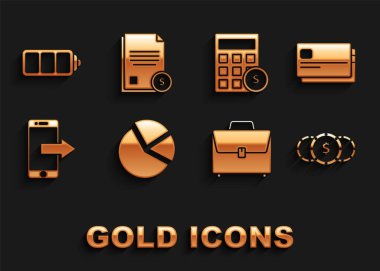 Pasta grafiği bilgisini, kredi kartını, dolar sembollü bozuk para parasını, evrak çantasını, akıllı telefonu, cep telefonunu, hesap makinesini, pil şarj seviyesi göstergesini ve finans belgesi simgesini ayarla. Vektör