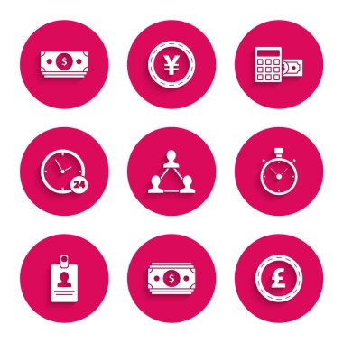 Proje ekibi tabanı, deste kağıt para, sterlin sembollü sikke, Kronometre, kimlik kartı, saat 24 saat, hesap makinesi doları ve ikon. Vektör