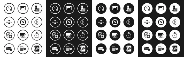 Definir calculadora com saco de dinheiro, troca de dinheiro, gráfico de quadro financeiro de apresentação, cronograma, gráfico, diagrama, infográfico, torta, cronômetro e engrenagem e setas como ícone de conceito de processo de fluxo de trabalho. Vetor —  Vetores de Stock