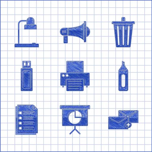 Set Printer, Presentation financial board with graph, schedule, chart, diagram, infographic, pie graph, Envelope, Marker pen, File document, USB flash drive, Trash can and Table lamp icon. Vector — Stock Vector