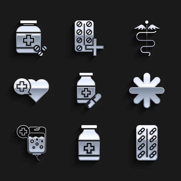 Set de frascos y pastillas medicinales, blister de píldoras, Cross hospital medical, bolsa IV, corazón con cruz, símbolo de serpiente caduceus e icono. Vector — Archivo Imágenes Vectoriales