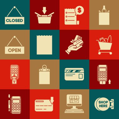 Yazı tahtasının asılı olduğu tabela, alışveriş arabası ve yiyecek, kağıt çek, alışveriş torbası, açık metin kapısı, kapalı ve insan eli ikonu. Vektör