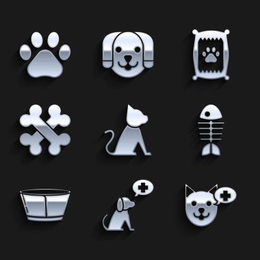 Kedi, veteriner kliniği sembolü, balık iskeleti, koruyucu külah tasması, çapraz kemikler, köpek ve pati izi ikonu için yiyecek torbası. Vektör