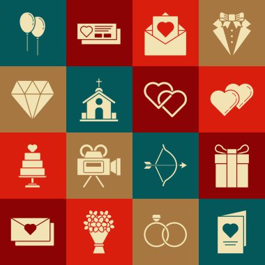 Sevgililer Günü için kalpli bir parti ilanı, hediye kutusu, İki Bağlı Kalpler, Zarf, Kilise binası, Elmas, Balon kurdele ve ikon. Vektör