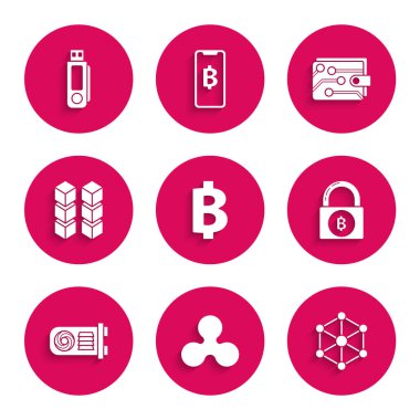 Kripto para birimi Bitcoin, Ripple XRP, Blockchain teknolojisi, Bitcoin, Madencilik çiftliği, cüzdan ve USB flash disk ikonu ile Kilit. Vektör
