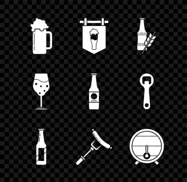 Bir bardak bira, camlı sokak tabelası, bira şişesi, çatalda sosis, tahta fıçı durdurma aleti ve ikon. Vektör