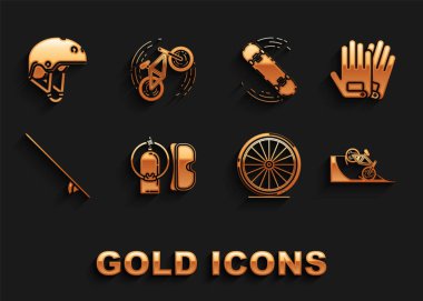 Dalış maskesi, akualung, eldivenler, bisiklet, sokak rampası, tekerlek, sörf tahtası, kaykay numarası, miğfer ve simge. Vektör